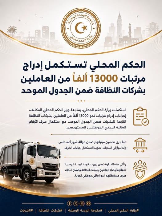 الحكم المحلي تستكمل إدراج مرتبات 13 ألفًا من العاملين بشركات النظافة ضمن الجدول الموحد .